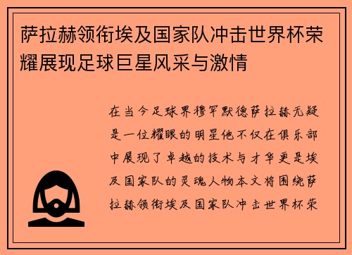 萨拉赫领衔埃及国家队冲击世界杯荣耀展现足球巨星风采与激情